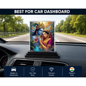 Shree Krishna And Shree Radha Acrylic Car Dashboard Showpiece | Double-Sided Shree Krishna And Shree Radha Photo Stand | 3 X 4 Inch Photo | Transparent Acrylic Frame With Black Base | Car Dashboard, Office & Table Decor (F70987)