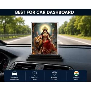 Durga Acrylic Car Dashboard Showpiece | Double-Sided Durga Photo Stand | 3 X 4 Inch Photo | Transparent Acrylic Frame With Black Base | Car Dashboard, Office & Table Decor (F70991)