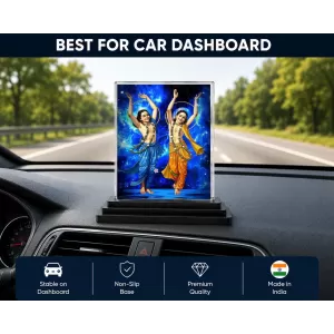 Shree Krishna And BalaLord Lord Rama Acrylic Car Dashboard Showpiece | Double-Sided Shree Krishna And BalaLord Lord Rama Photo Stand | 3 X 4 Inch Photo | Transparent Acrylic Frame With Black Base | Car Dashboard, Office & Table Decor (F70996)