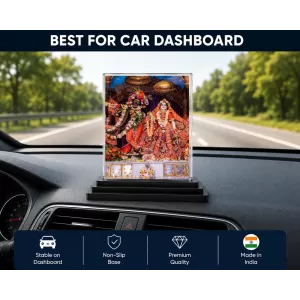 Radha Shree Krishna Acrylic Car Dashboard Showpiece | Double-Sided Radha Shree Krishna Photo Stand | 3 X 4 Inch Photo | Transparent Acrylic Frame With Black Base | Car Dashboard, Office & Table Decor (F71006)