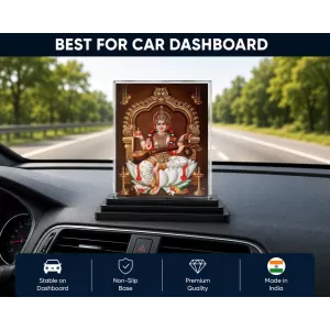 Goddess Saraswati Acrylic Car Dashboard Showpiece | Double-Sided Goddess Saraswati Photo Stand | 3 X 4 Inch Photo | Transparent Acrylic Frame With Black Base | Car Dashboard, Office & Table Decor (F71011)
