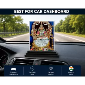 Goddess Saraswati Acrylic Car Dashboard Showpiece | Double-Sided Goddess Saraswati Photo Stand | 3 X 4 Inch Photo | Transparent Acrylic Frame With Black Base | Car Dashboard, Office & Table Decor (F71013)