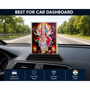 Goddess Durga Acrylic Car Dashboard Showpiece | Double-Sided Goddess Durga Photo Stand | 3 X 4 Inch Photo | Transparent Acrylic Frame With Black Base | Car Dashboard, Office & Table Decor (F71020)