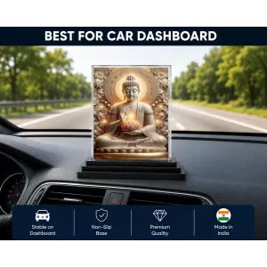 Gautama Buddha Acrylic Car Dashboard Showpiece | Double-Sided Gautama Buddha Photo Stand | 3 X 4 Inch Photo | Transparent Acrylic Frame With Black Base | Car Dashboard, Office & Table Decor (F71026)