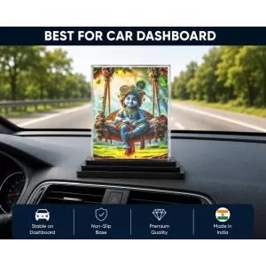 Krishna Acrylic Car Dashboard Showpiece | Double-Sided Krishna Photo Stand | 3 X 4 Inch Photo | Transparent Acrylic Frame With Black Base | Car Dashboard, Office & Table Decor (F71030)