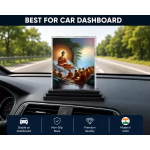Gautama Buddha Acrylic Car Dashboard Showpiece | Double-Sided Gautama Buddha Photo Stand | 3 X 4 Inch Photo | Transparent Acrylic Frame With Black Base | Car Dashboard, Office & Table Decor (F71035)