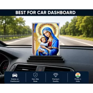 Mary And Jesus Acrylic Car Dashboard Showpiece | Double-Sided Mary And Jesus Photo Stand | 3 X 4 Inch Photo | Transparent Acrylic Frame With Black Base | Car Dashboard, Office & Table Decor (F71036)