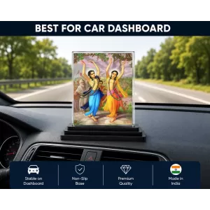 Shree Chaitannya Acrylic Car Dashboard Showpiece | Double-Sided Shree Chaitannya Photo Stand | 3 X 4 Inch Photo | Transparent Acrylic Frame With Black Base | Car Dashboard, Office & Table Decor (F71067)