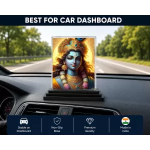 Krishna Acrylic Car Dashboard Showpiece | Double-Sided Krishna Photo Stand | 3 X 4 Inch Photo | Transparent Acrylic Frame With Black Base | Car Dashboard, Office & Table Decor (F71104)