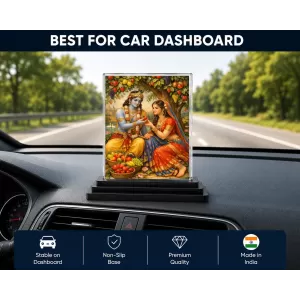 Shree Krishna And Shree Radha Acrylic Car Dashboard Showpiece | Double-Sided Shree Krishna And Shree Radha Photo Stand | 3 X 4 Inch Photo | Transparent Acrylic Frame With Black Base | Car Dashboard, Office & Table Decor (F71108)
