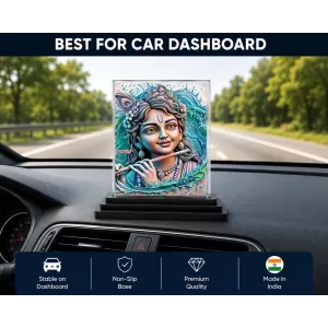 Shree Krishna Acrylic Car Dashboard Showpiece | Double-Sided Shree Krishna Photo Stand | 3 X 4 Inch Photo | Transparent Acrylic Frame With Black Base | Car Dashboard, Office & Table Decor (F71319)