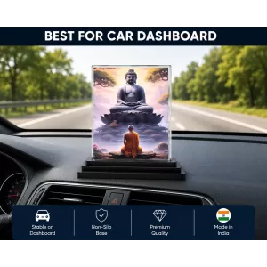 Gautama Buddha Acrylic Car Dashboard Showpiece | Double-Sided Gautama Buddha Photo Stand | 3 X 4 Inch Photo | Transparent Acrylic Frame With Black Base | Car Dashboard, Office & Table Decor (F71322)