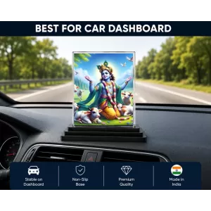 Shree Krishna Acrylic Car Dashboard Showpiece | Double-Sided Shree Krishna Photo Stand | 3 X 4 Inch Photo | Transparent Acrylic Frame With Black Base | Car Dashboard, Office & Table Decor (F71336)
