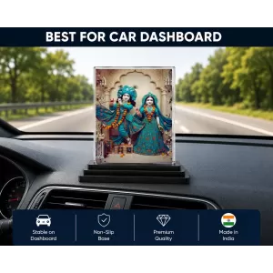 Shree Krishna And Shree Radha Acrylic Car Dashboard Showpiece | Double-Sided Shree Krishna And Shree Radha Photo Stand | 3 X 4 Inch Photo | Transparent Acrylic Frame With Black Base | Car Dashboard, Office & Table Decor (F71351)