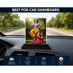 Shree Krishna Acrylic Car Dashboard Showpiece | Double-Sided Shree Krishna Photo Stand | 3 X 4 Inch Photo | Transparent Acrylic Frame With Black Base | Car Dashboard, Office & Table Decor (F71375)