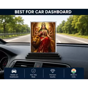 Durga Acrylic Car Dashboard Showpiece | Double-Sided Durga Photo Stand | 3 X 4 Inch Photo | Transparent Acrylic Frame With Black Base | Car Dashboard, Office & Table Decor (F71407)