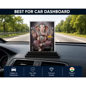 Lord Ganesha Acrylic Car Dashboard Showpiece | Double-Sided Lord Ganesha Photo Stand | 3 X 4 Inch Photo | Transparent Acrylic Frame With Black Base | Car Dashboard, Office & Table Decor (F71408)