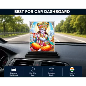 Shree Krishna Acrylic Car Dashboard Showpiece | Double-Sided Shree Krishna Photo Stand | 3 X 4 Inch Photo | Transparent Acrylic Frame With Black Base | Car Dashboard, Office & Table Decor (F71411)