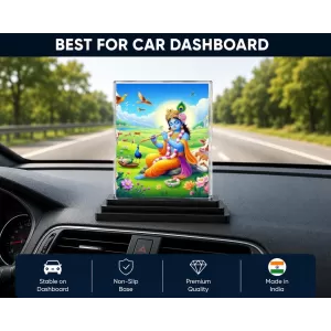 Shree Krishna Acrylic Car Dashboard Showpiece | Double-Sided Shree Krishna Photo Stand | 3 X 4 Inch Photo | Transparent Acrylic Frame With Black Base | Car Dashboard, Office & Table Decor (F71413)