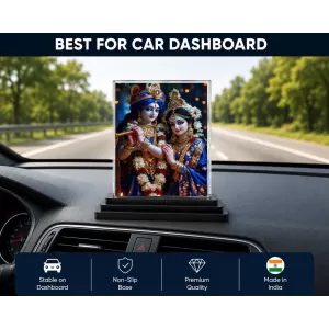Shree Krishna And Shree Radha Acrylic Car Dashboard Showpiece | Double-Sided Shree Krishna And Shree Radha Photo Stand | 3 X 4 Inch Photo | Transparent Acrylic Frame With Black Base | Car Dashboard, Office & Table Decor (F71425)