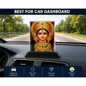 Goddess Durga Acrylic Car Dashboard Showpiece | Double-Sided Goddess Durga Photo Stand | 3 X 4 Inch Photo | Transparent Acrylic Frame With Black Base | Car Dashboard, Office & Table Decor (F71429)