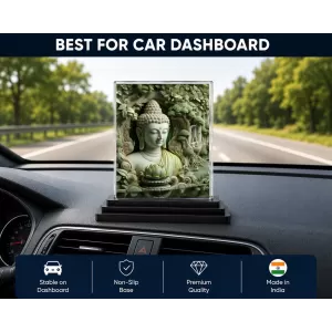 Gautama Buddha Acrylic Car Dashboard Showpiece | Double-Sided Gautama Buddha Photo Stand | 3 X 4 Inch Photo | Transparent Acrylic Frame With Black Base | Car Dashboard, Office & Table Decor (F71430)