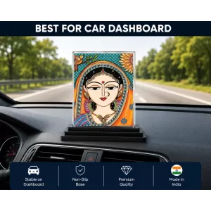 Goddess Durga Acrylic Car Dashboard Showpiece | Double-Sided Goddess Durga Photo Stand | 3 X 4 Inch Photo | Transparent Acrylic Frame With Black Base | Car Dashboard, Office & Table Decor (F71442)