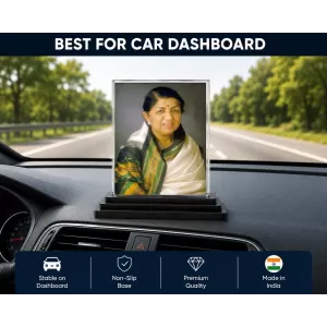 Lata Mangeshkar Acrylic Car Dashboard Showpiece | Double-Sided Lata Mangeshkar Photo Stand | 3 X 4 Inch Photo | Transparent Acrylic Frame With Black Base | Car Dashboard, Office & Table Decor (F71443)
