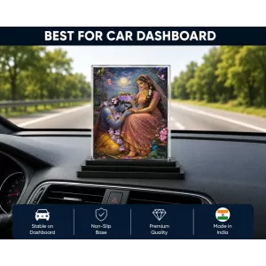 Shree Krishna And Shree Radha Acrylic Car Dashboard Showpiece | Double-Sided Shree Krishna And Shree Radha Photo Stand | 3 X 4 Inch Photo | Transparent Acrylic Frame With Black Base | Car Dashboard, Office & Table Decor (F71445)