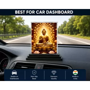 Gautama Buddha Acrylic Car Dashboard Showpiece | Double-Sided Gautama Buddha Photo Stand | 3 X 4 Inch Photo | Transparent Acrylic Frame With Black Base | Car Dashboard, Office & Table Decor (F71446)