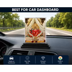 Lord Ganesha Acrylic Car Dashboard Showpiece | Double-Sided Lord Ganesha Photo Stand | 3 X 4 Inch Photo | Transparent Acrylic Frame With Black Base | Car Dashboard, Office & Table Decor (F71452)