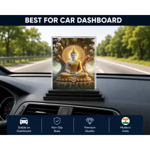 Gautama Buddha Acrylic Car Dashboard Showpiece | Double-Sided Gautama Buddha Photo Stand | 3 X 4 Inch Photo | Transparent Acrylic Frame With Black Base | Car Dashboard, Office & Table Decor (F71463)