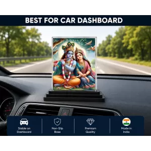 Shree Krishna And Shree Radha Acrylic Car Dashboard Showpiece | Double-Sided Shree Krishna And Shree Radha Photo Stand | 3 X 4 Inch Photo | Transparent Acrylic Frame With Black Base | Car Dashboard, Office & Table Decor (F71467)