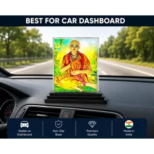 Shree Gouranga Acrylic Car Dashboard Showpiece | Double-Sided Shree Gouranga Photo Stand | 3 X 4 Inch Photo | Transparent Acrylic Frame With Black Base | Car Dashboard, Office & Table Decor (F71471)