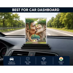 Man And Momen Tree Art Acrylic Car Dashboard Showpiece | Double-Sided Man And Momen Tree Art Photo Stand | 3 X 4 Inch Photo | Transparent Acrylic Frame With Black Base | Car Dashboard, Office & Table Decor (F71472)