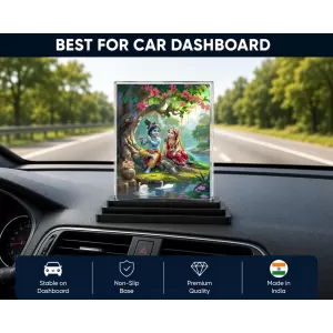 Shree Krishna And Shree Radha Acrylic Car Dashboard Showpiece | Double-Sided Shree Krishna And Shree Radha Photo Stand | 3 X 4 Inch Photo | Transparent Acrylic Frame With Black Base | Car Dashboard, Office & Table Decor (F71473)