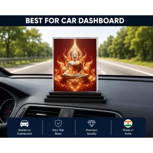 Gautama Buddha Acrylic Car Dashboard Showpiece | Double-Sided Gautama Buddha Photo Stand | 3 X 4 Inch Photo | Transparent Acrylic Frame With Black Base | Car Dashboard, Office & Table Decor (F71475)