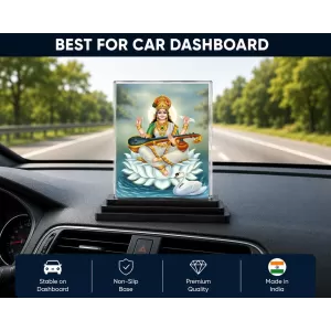 Goddess Saraswati Acrylic Car Dashboard Showpiece | Double-Sided Goddess Saraswati Photo Stand | 3 X 4 Inch Photo | Transparent Acrylic Frame With Black Base | Car Dashboard, Office & Table Decor (F71478)