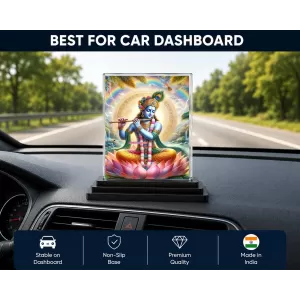 Shree Krishna Acrylic Car Dashboard Showpiece | Double-Sided Shree Krishna Photo Stand | 3 X 4 Inch Photo | Transparent Acrylic Frame With Black Base | Car Dashboard, Office & Table Decor (F71488)