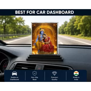 Shree Krishna And Shree Radha Acrylic Car Dashboard Showpiece | Double-Sided Shree Krishna And Shree Radha Photo Stand | 3 X 4 Inch Photo | Transparent Acrylic Frame With Black Base | Car Dashboard, Office & Table Decor (F71491)
