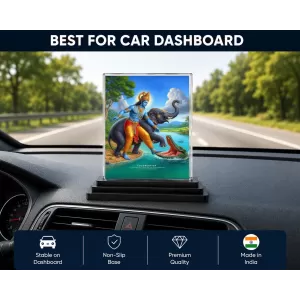 Shree Krishna Acrylic Car Dashboard Showpiece | Double-Sided Shree Krishna Photo Stand | 3 X 4 Inch Photo | Transparent Acrylic Frame With Black Base | Car Dashboard, Office & Table Decor (F71495)