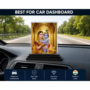 Maa Yoshoda & Baby Krishna Acrylic Car Dashboard Showpiece | Double-Sided Maa Yoshoda & Baby Krishna Photo Stand | 3 X 4 Inch Photo | Transparent Acrylic Frame With Black Base | Car Dashboard, Office & Table Decor (F71508)