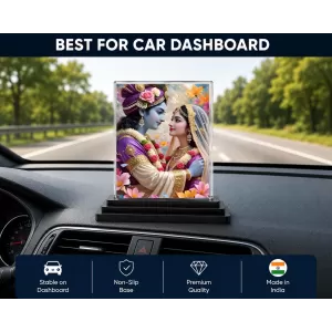 Shree Krishna And Shree Radha Acrylic Car Dashboard Showpiece | Double-Sided Shree Krishna And Shree Radha Photo Stand | 3 X 4 Inch Photo | Transparent Acrylic Frame With Black Base | Car Dashboard, Office & Table Decor (F71533)