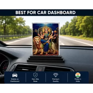Durga Acrylic Car Dashboard Showpiece | Double-Sided Durga Photo Stand | 3 X 4 Inch Photo | Transparent Acrylic Frame With Black Base | Car Dashboard, Office & Table Decor (F71537)