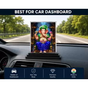 Lord Ganesha Acrylic Car Dashboard Showpiece | Double-Sided Lord Ganesha Photo Stand | 3 X 4 Inch Photo | Transparent Acrylic Frame With Black Base | Car Dashboard, Office & Table Decor (F71541)