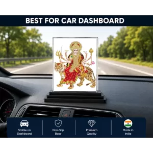 Goddess Durga Acrylic Car Dashboard Showpiece | Double-Sided Goddess Durga Photo Stand | 3 X 4 Inch Photo | Transparent Acrylic Frame With Black Base | Car Dashboard, Office & Table Decor (F71652)