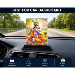 Shree Krishna Acrylic Car Dashboard Showpiece | Double-Sided Shree Krishna Photo Stand | 3 X 4 Inch Photo | Transparent Acrylic Frame With Black Base | Car Dashboard, Office & Table Decor (F71665)