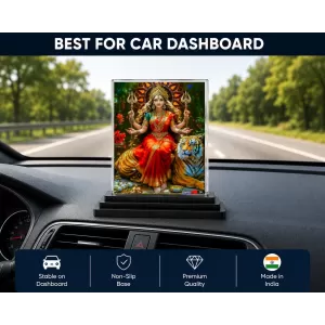 Goddess Durga Acrylic Car Dashboard Showpiece | Double-Sided Goddess Durga Photo Stand | 3 X 4 Inch Photo | Transparent Acrylic Frame With Black Base | Car Dashboard, Office & Table Decor (F71667)