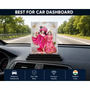 Shree Krishna And Shree Radha Acrylic Car Dashboard Showpiece | Double-Sided Shree Krishna And Shree Radha Photo Stand | 3 X 4 Inch Photo | Transparent Acrylic Frame With Black Base | Car Dashboard, Office & Table Decor (F71669)
