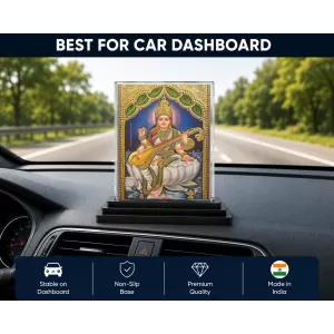 Goddess Saraswati Acrylic Car Dashboard Showpiece | Double-Sided Goddess Saraswati Photo Stand | 3 X 4 Inch Photo | Transparent Acrylic Frame With Black Base | Car Dashboard, Office & Table Decor (F71674)